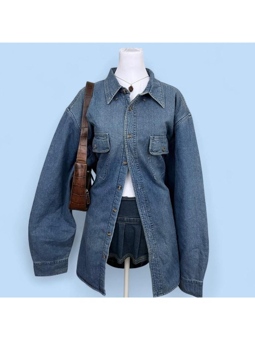 90s denim preppy western skater fleece lining shirt jacket